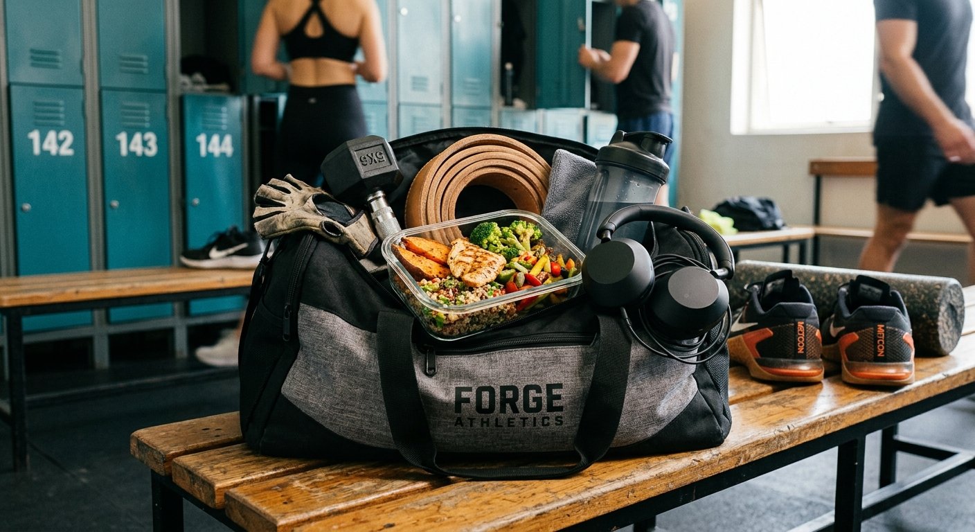 Uma fotografia cinematográfica e vibrante mostrando uma bolsa de academia esportiva semiaberta em um banco de vestiário. Dentro dela, é possível ver equipament